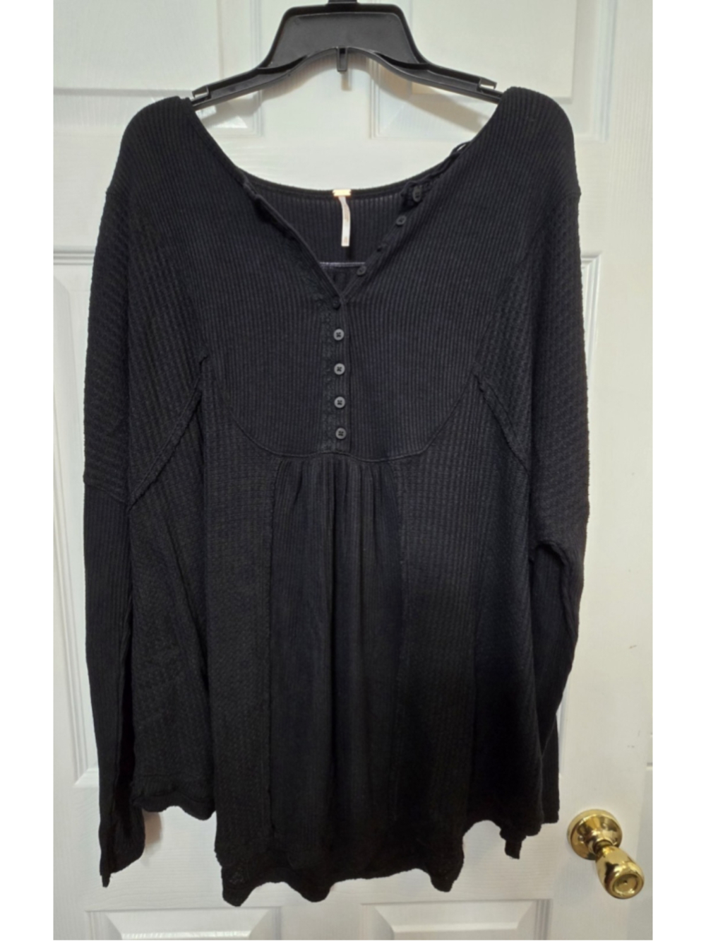 Free People One Of The Guys Henley Top Black Waffle Knit Thermal XL Bohème